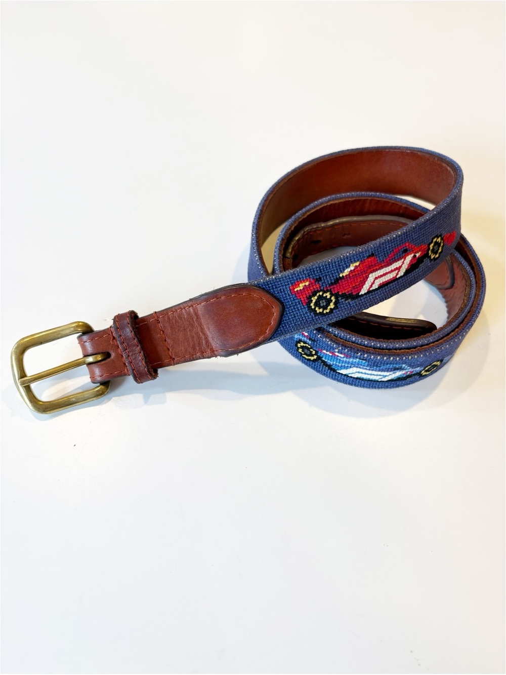 Smathers & Branson || Formula 1 F1 Race Car Needlepoint Belt Navy Blue 40